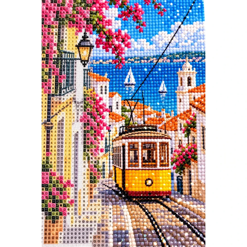 Lisbon Yellow Tram Street diamond and canvas detail