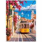 Lisbon Yellow Tram Street finished diamond artwork on white background