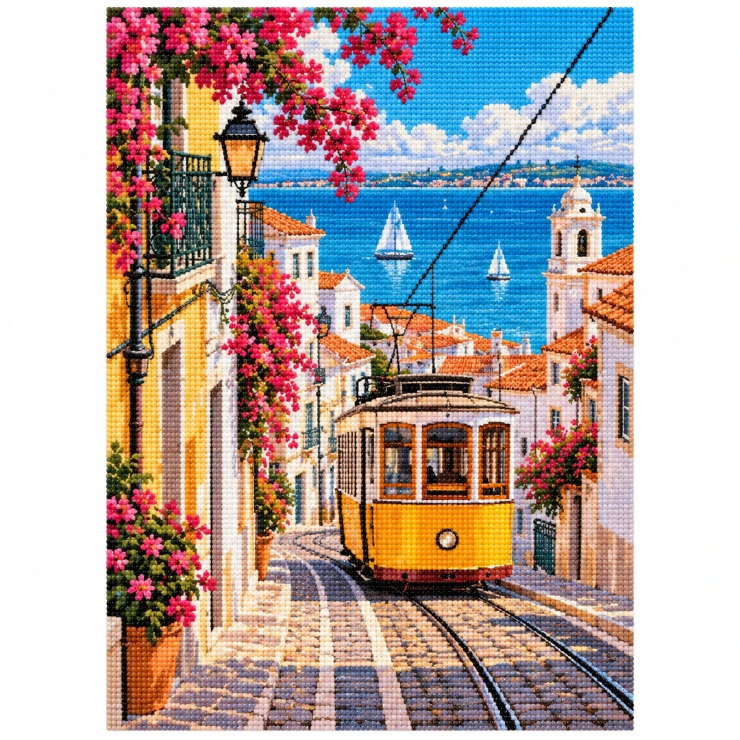 Lisbon Yellow Tram Street finished diamond artwork on white background
