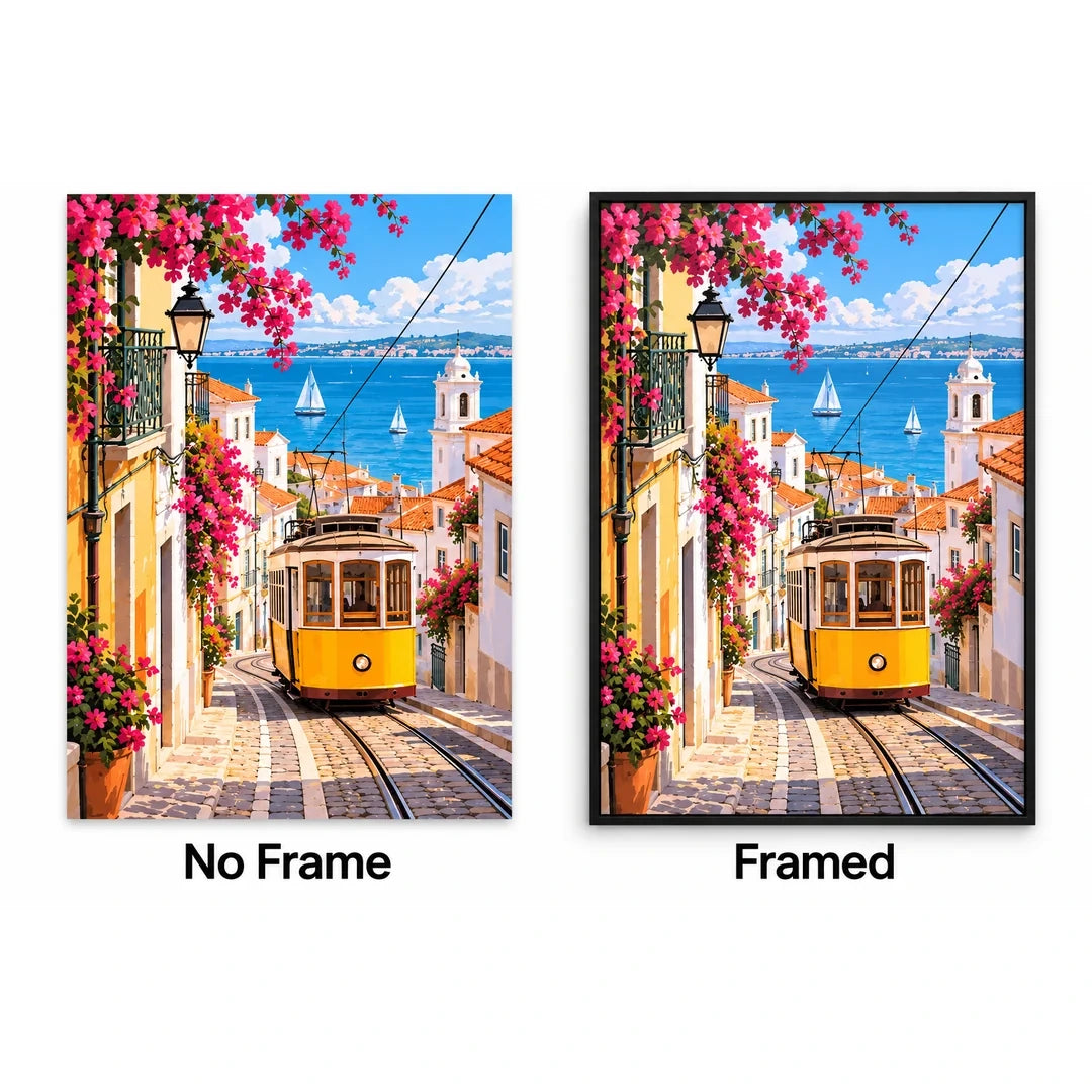 Lisbon Yellow Tram Street No Frame and Framed comparison