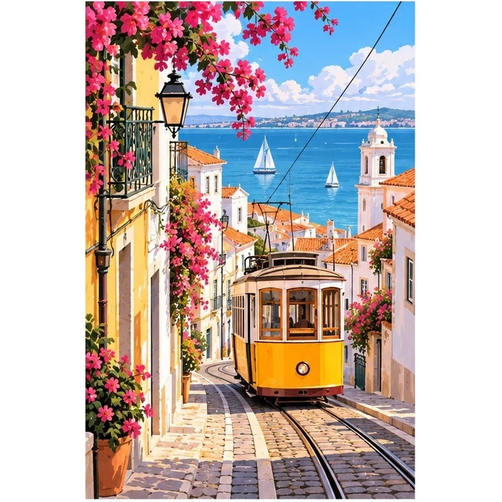 Lisbon Yellow Tram Street original artwork on white background