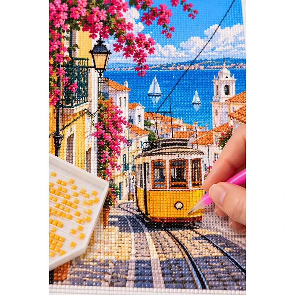 Lisbon Yellow Tram Street diamond placement process
