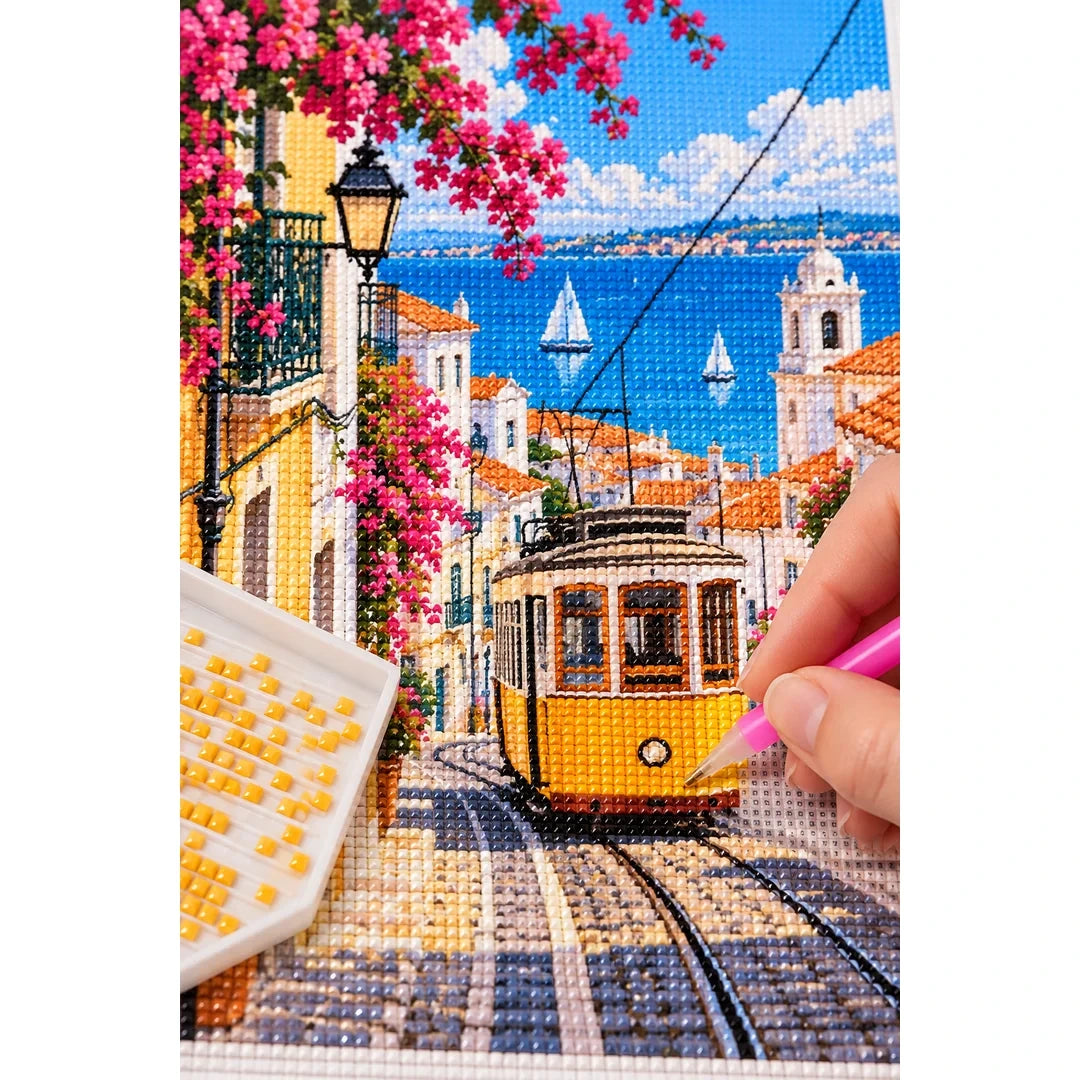 Lisbon Yellow Tram Street diamond placement process