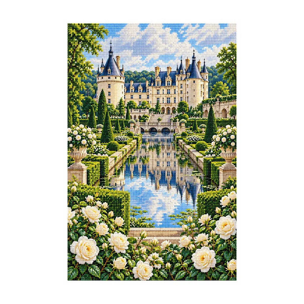 White-background finished diamond painting of Loire Chateau Garden.