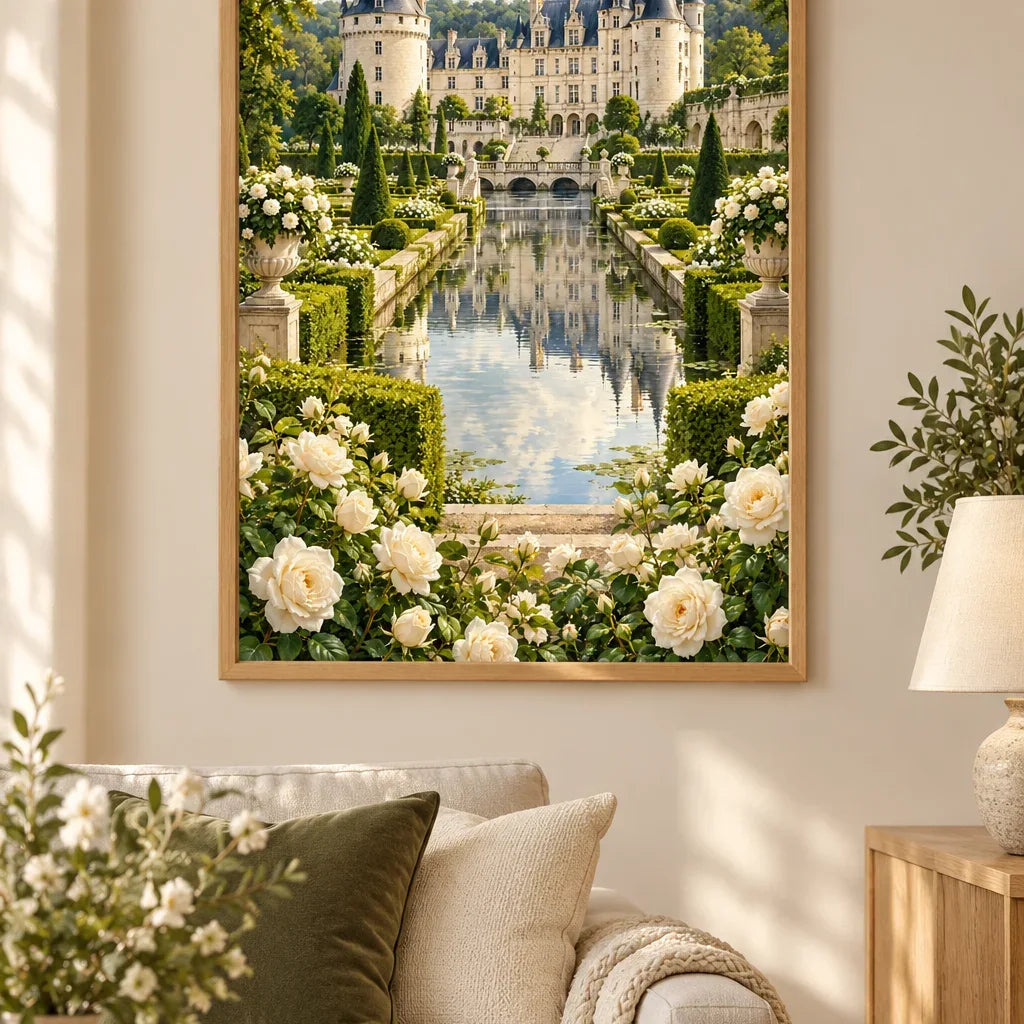 Framed Loire Chateau Garden diamond painting displayed as home decor.