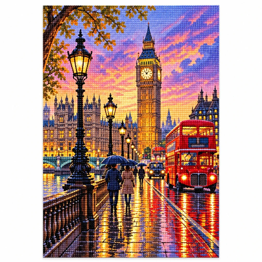 London Big Ben Rainy Sunset finished diamond artwork on white background