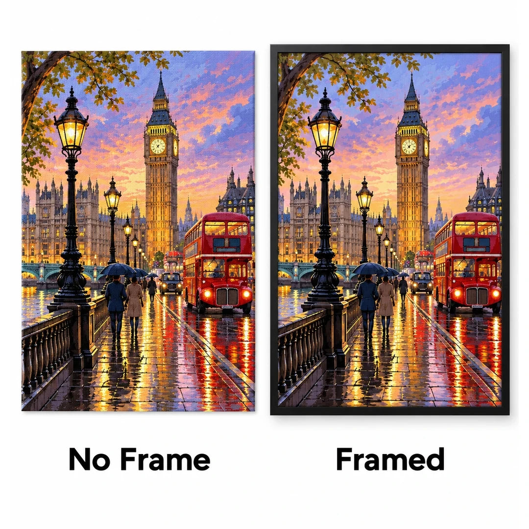 London Big Ben Rainy Sunset No Frame and Framed comparison