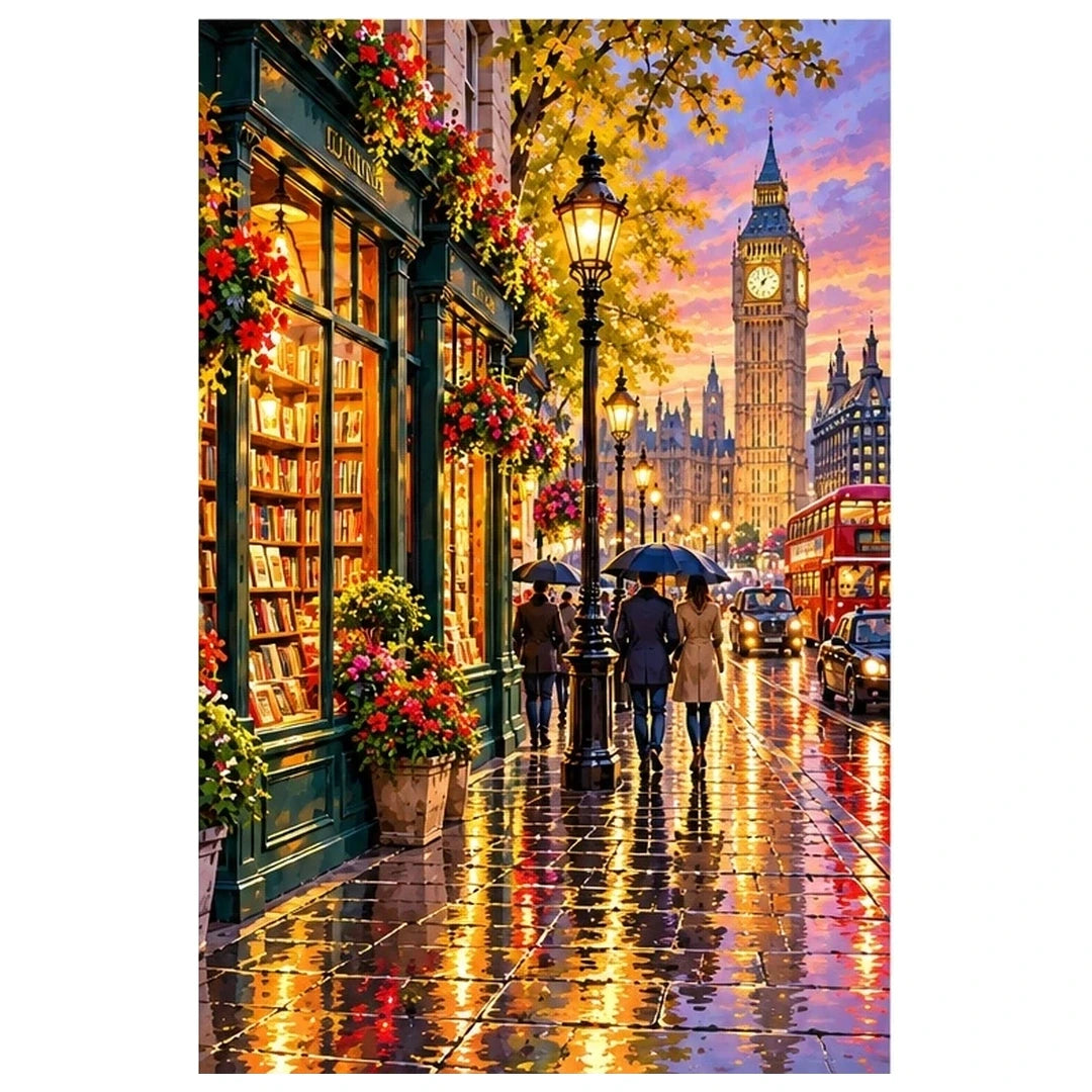 London Bookshop Rainy Street original artwork on white