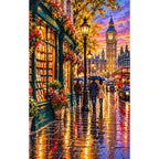 London Bookshop Rainy Street finished diamond painting on white