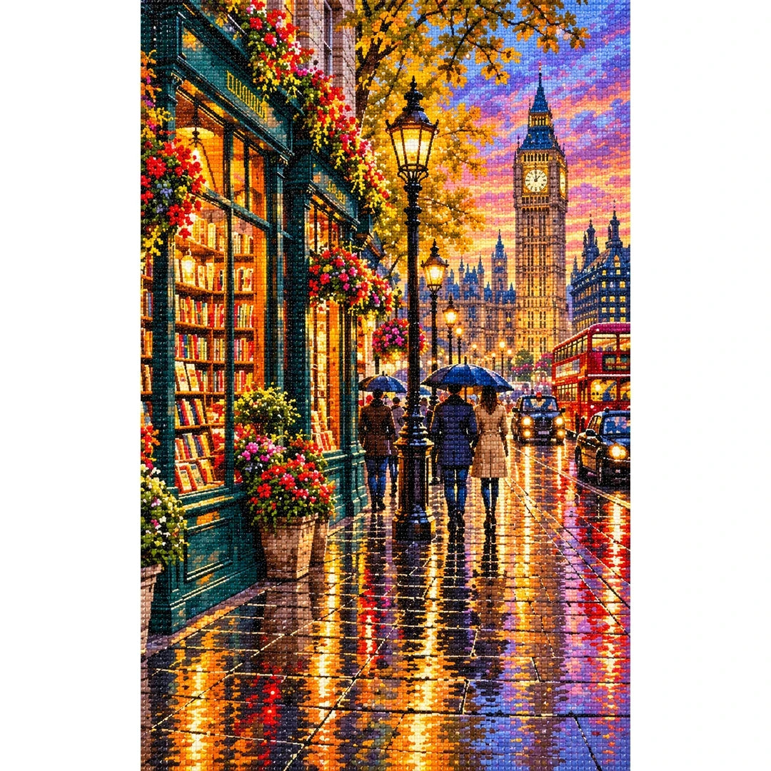 London Bookshop Rainy Street finished diamond painting on white