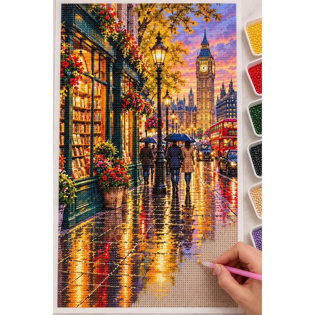 London Bookshop Rainy Street diamond painting process