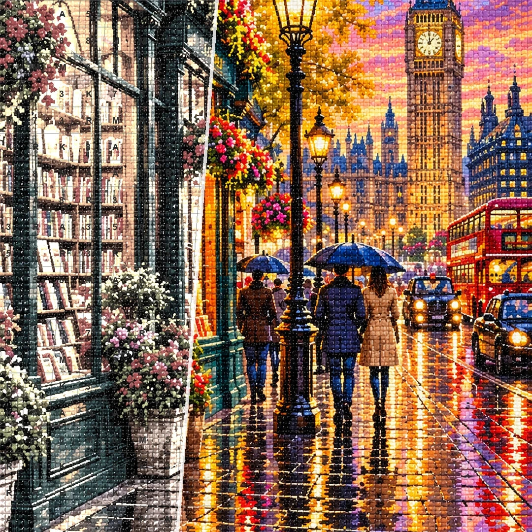 London Bookshop Rainy Street canvas and resin drill detail