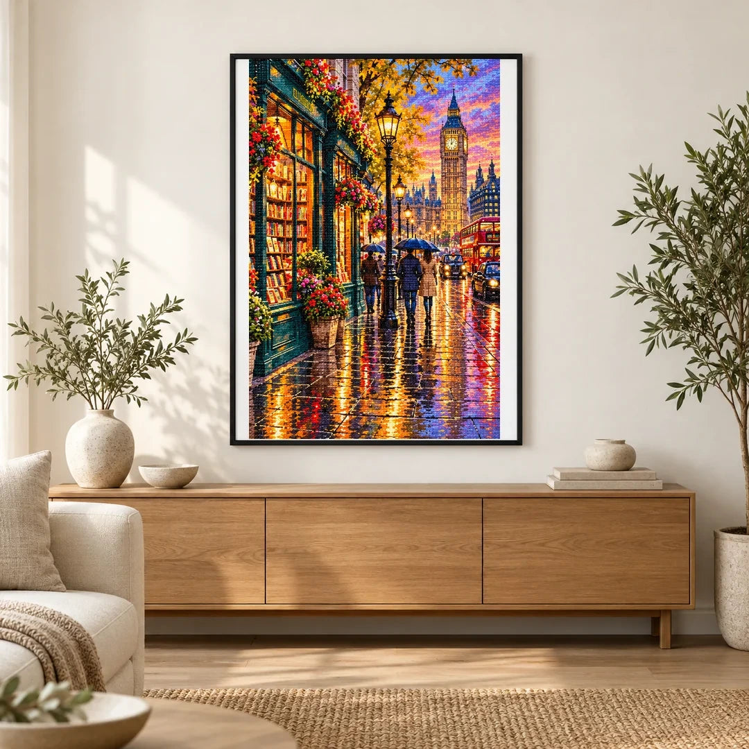 London Bookshop Rainy Street finished artwork in home décor