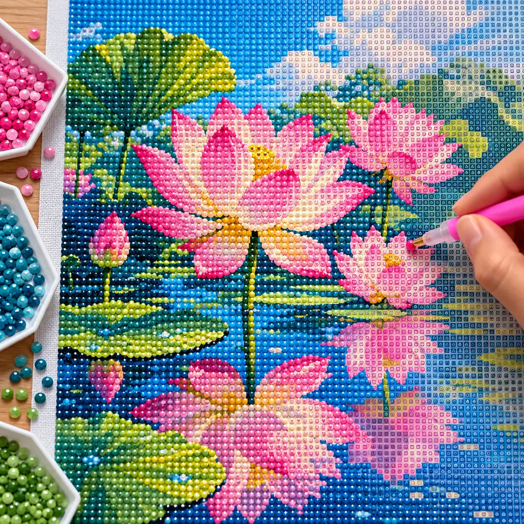 Diamond painting process for Lotus Blossoms in Still Water, with drills being placed over pink lotus flowers and green leaves reflected in calm water.