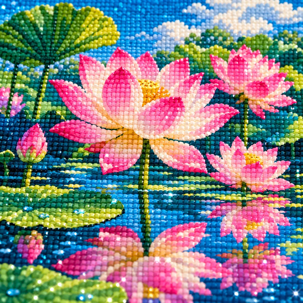 Close-up of diamond drill texture across pink lotus flowers and green leaves reflected in calm water.