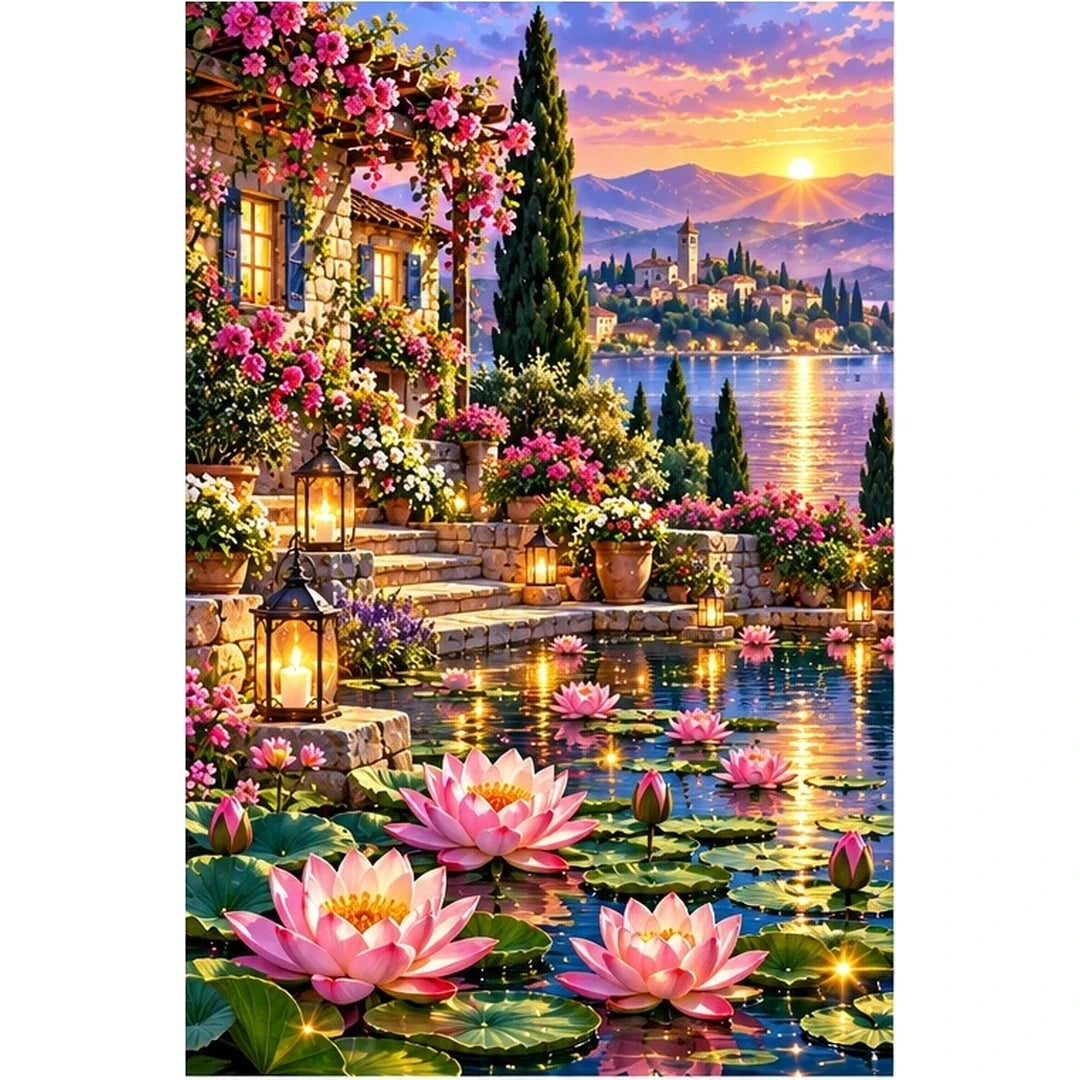 Lotus Lantern Garden Twilight — original artwork on a clean white background