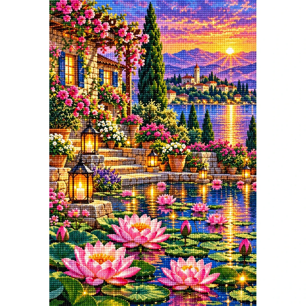 Lotus Lantern Garden Twilight — finished diamond painting on a white background