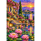 Lotus Lantern Garden Twilight — finished diamond painting on a white background