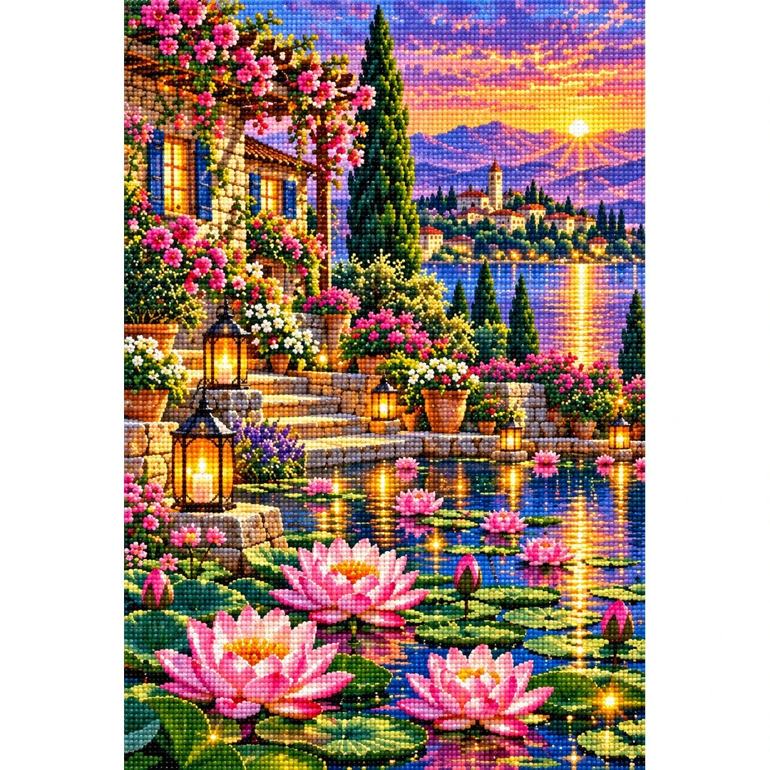 Lotus Lantern Garden Twilight — finished diamond painting on a white background