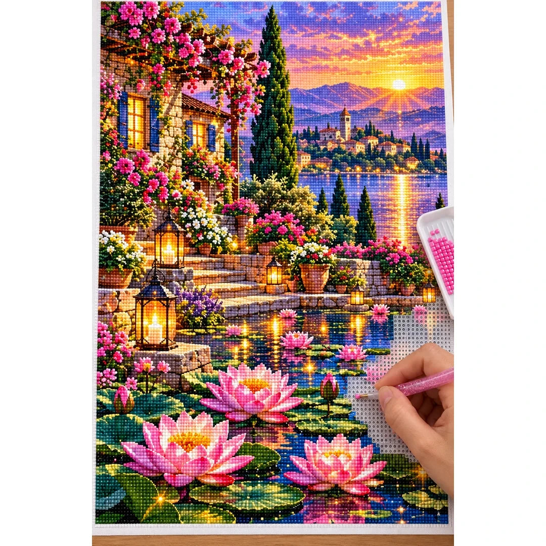 Lotus Lantern Garden Twilight — diamond painting process with applicator pen