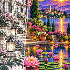 Lotus Lantern Garden Twilight — close-up canvas and resin drill detail