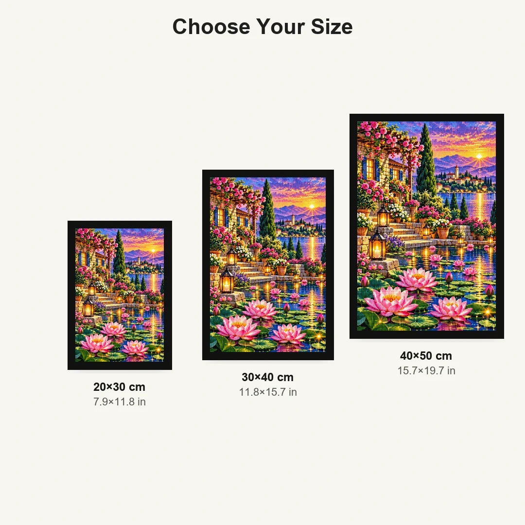 Lotus Lantern Garden Twilight — size comparison for 20 × 30, 30 × 40 and 40 × 50 cm