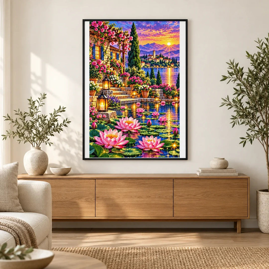 Lotus Lantern Garden Twilight — finished diamond painting displayed in a home interior