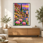 Lotus Lantern Garden Twilight — finished diamond painting displayed in a home interior
