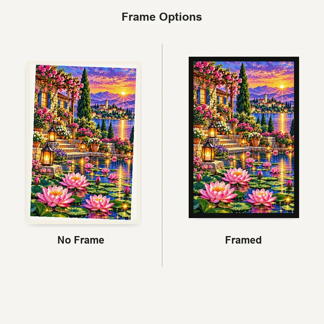 Lotus Lantern Garden Twilight — No Frame and Framed style comparison