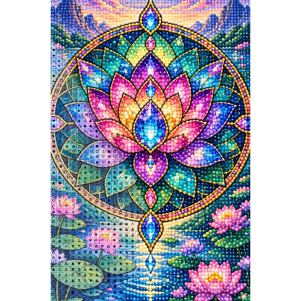 Lotus Mandala Pond Diamond Painting Kit — canvas and drill material detail