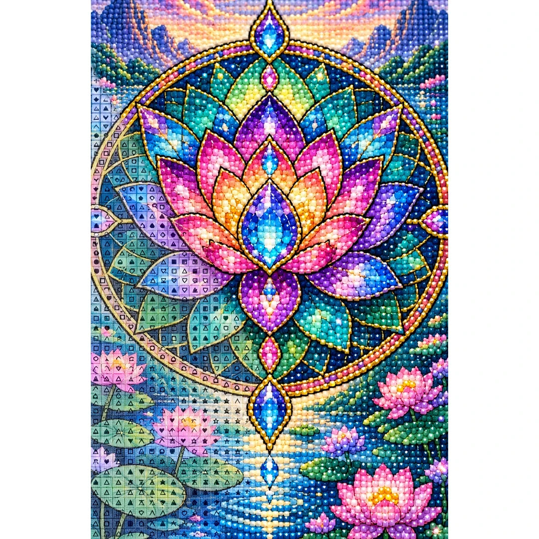 Lotus Mandala Pond Diamond Painting Kit — canvas and drill material detail