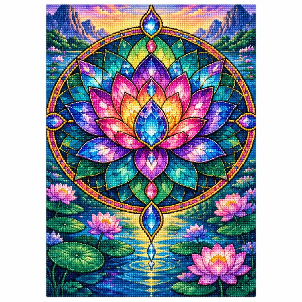 Lotus Mandala Pond Diamond Painting Kit — finished diamond painting on white background