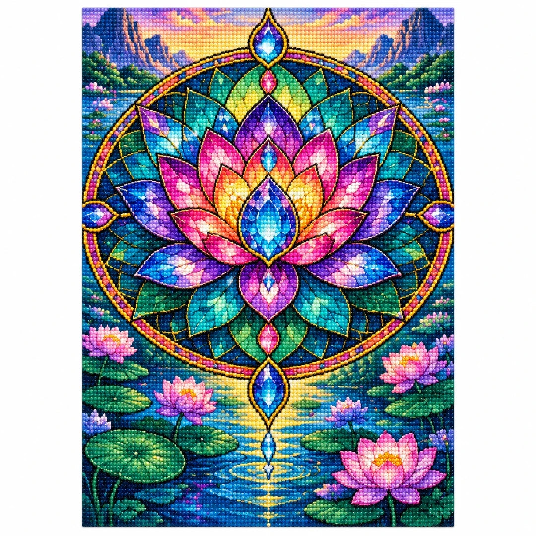 Lotus Mandala Pond Diamond Painting Kit — finished diamond painting on white background