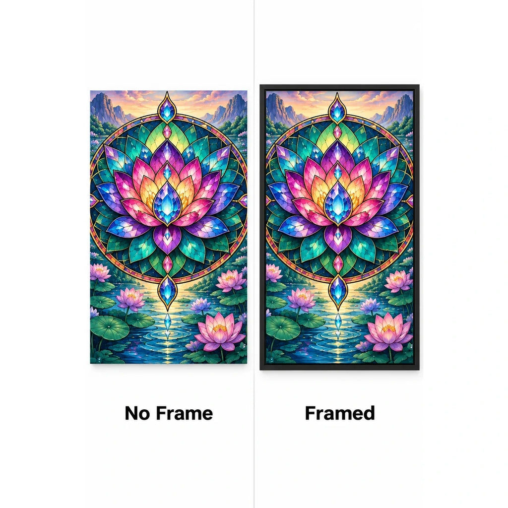 Lotus Mandala Pond Diamond Painting Kit — No Frame and Framed style comparison