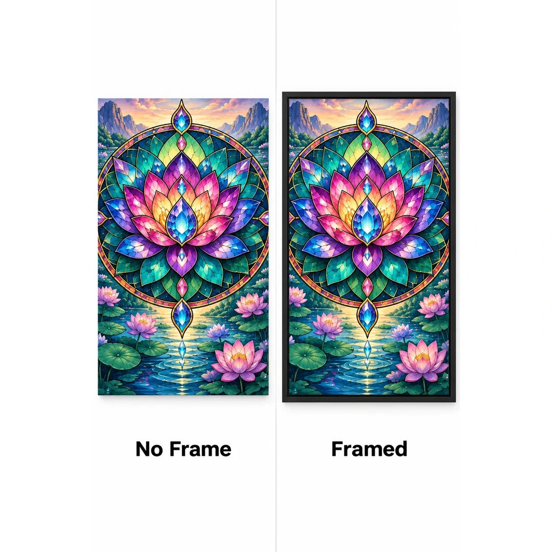 Lotus Mandala Pond Diamond Painting Kit — No Frame and Framed style comparison