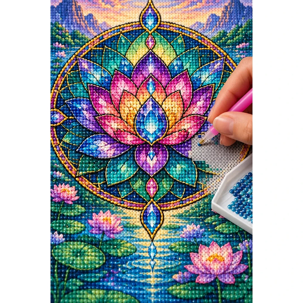 Lotus Mandala Pond Diamond Painting Kit — diamond painting application process
