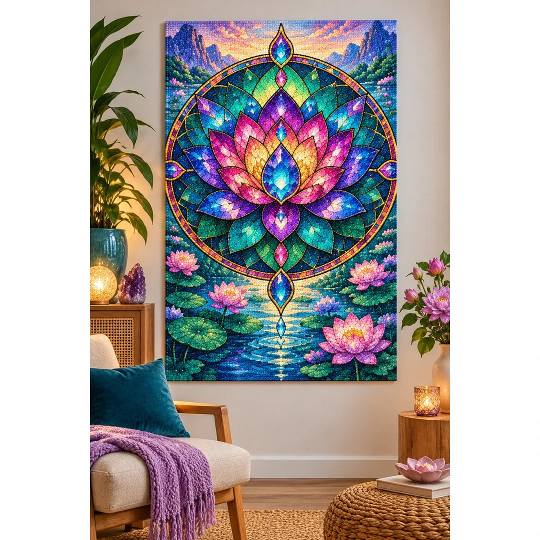 Lotus Mandala Pond Diamond Painting Kit — finished diamond painting in a home setting
