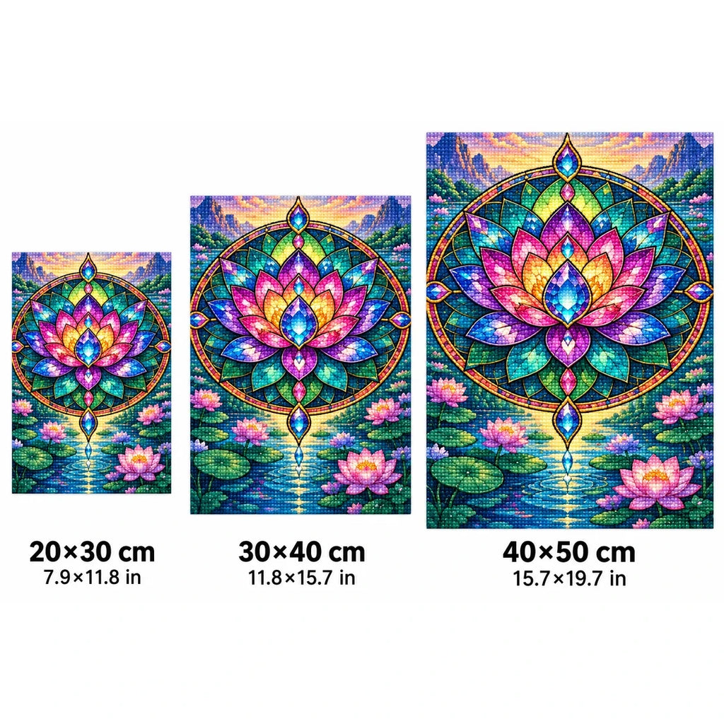 Lotus Mandala Pond Diamond Painting Kit — 20 by 30, 30 by 40, and 40 by 50 centimeter size guide