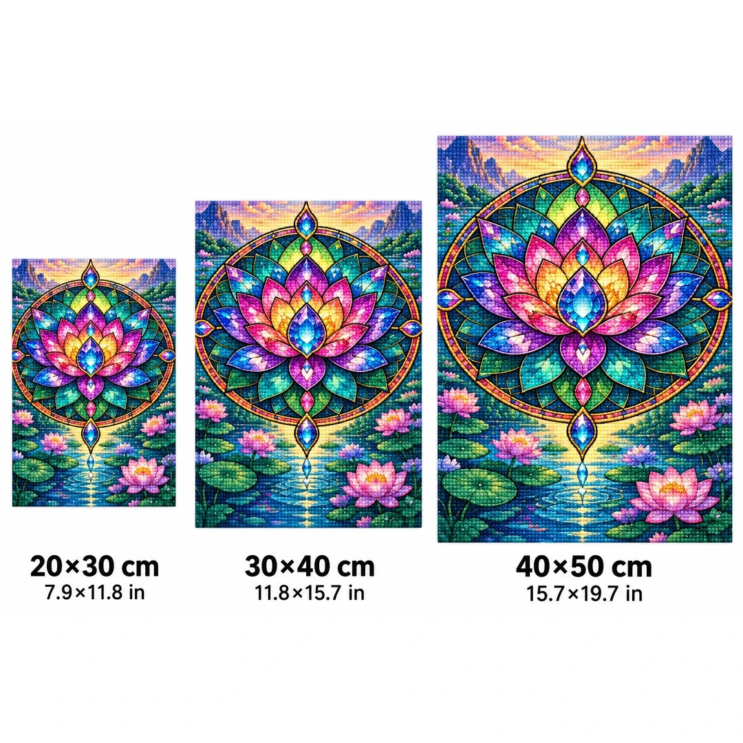 Lotus Mandala Pond Diamond Painting Kit — 20 by 30, 30 by 40, and 40 by 50 centimeter size guide