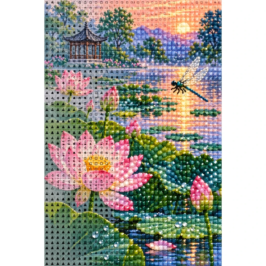 Lotus Pond Pagoda Sunset Diamond Painting Kit diamond and canvas detail