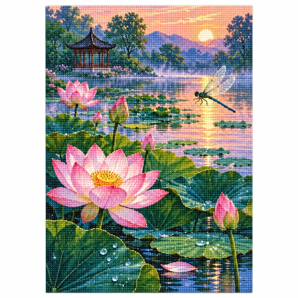 Lotus Pond Pagoda Sunset Diamond Painting Kit finished diamond artwork on white background