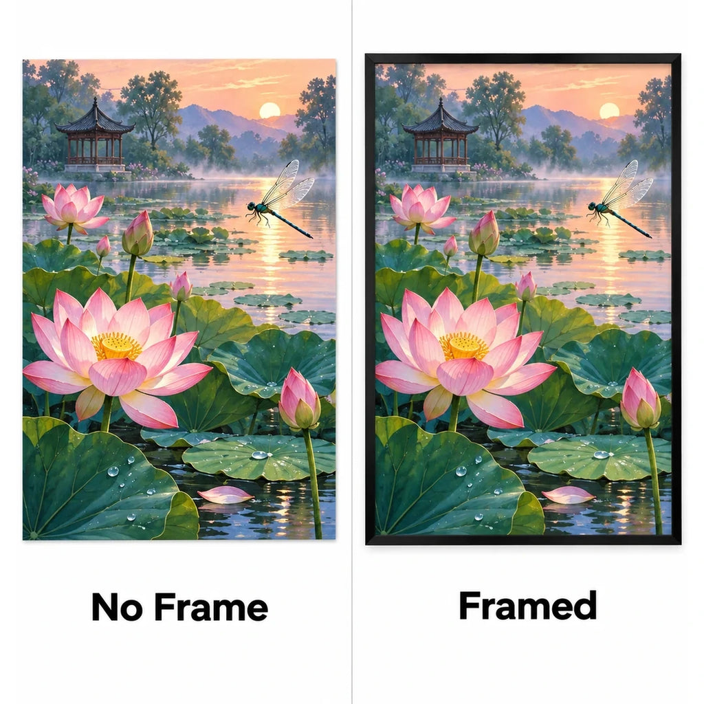 Lotus Pond Pagoda Sunset Diamond Painting Kit No Frame and Framed comparison
