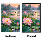 Lotus Pond Pagoda Sunset Diamond Painting Kit No Frame and Framed comparison