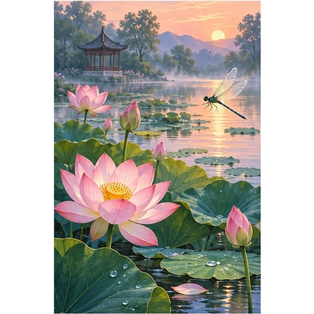 Lotus Pond Pagoda Sunset original artwork on white background