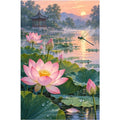 Lotus Pond Pagoda Sunset original artwork on white background