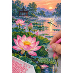 Lotus Pond Pagoda Sunset Diamond Painting Kit diamond placement process
