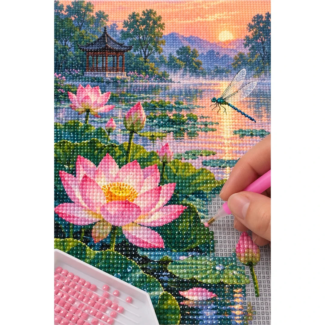 Lotus Pond Pagoda Sunset Diamond Painting Kit diamond placement process