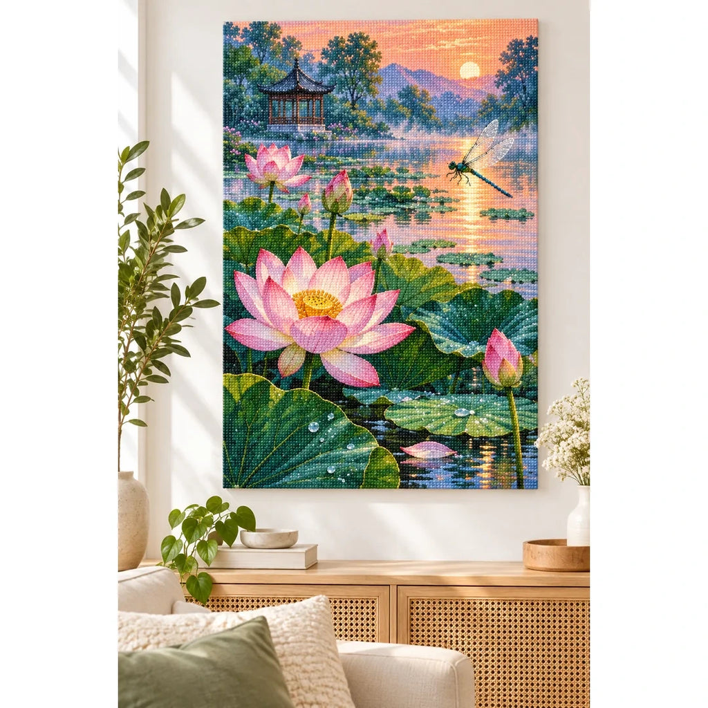Lotus Pond Pagoda Sunset Diamond Painting Kit home decor scene
