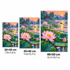 Lotus Pond Pagoda Sunset Diamond Painting Kit size guide