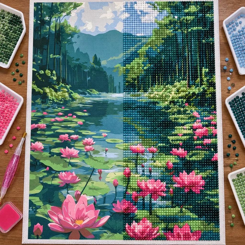 Diamond painting process for Lotus River Haven Diamond Painting Kit